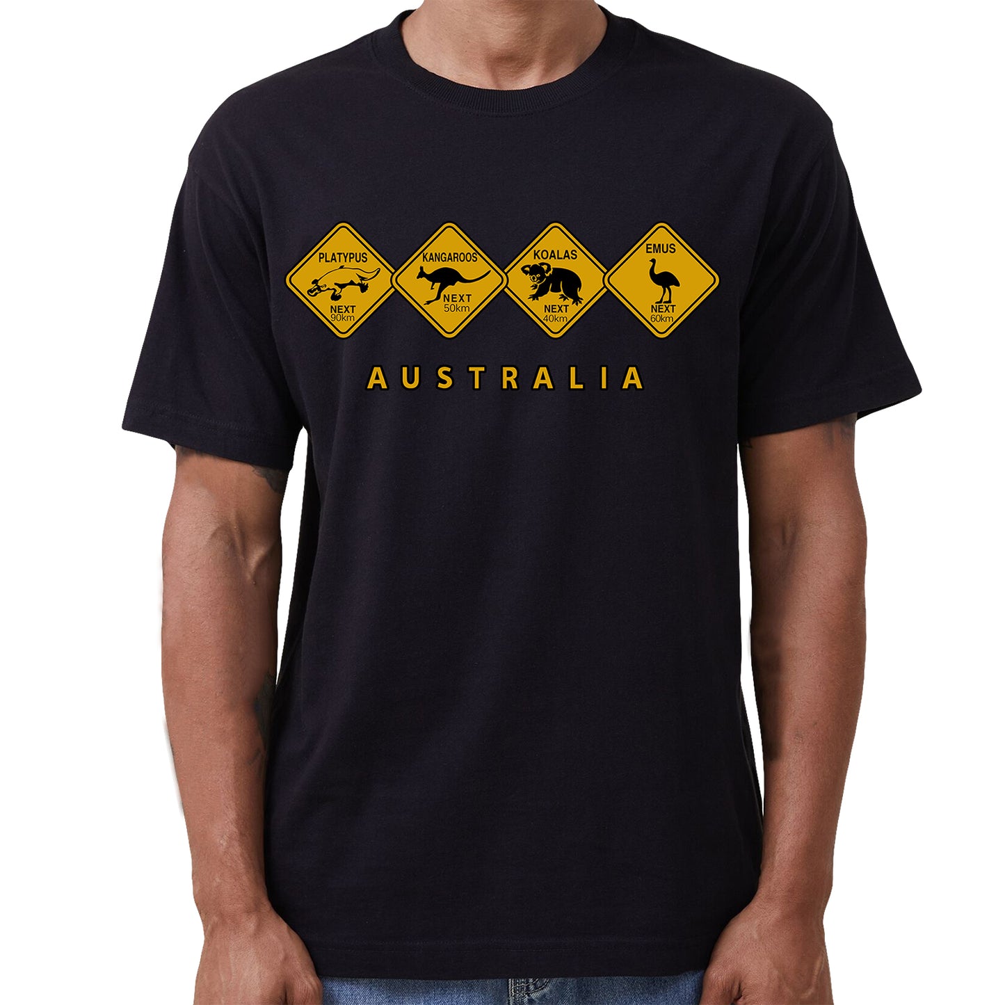 Adult Unisex 100% Cotton T Shirt Australia Wildlife Road Sign Souvenir Tee Tops, Black, M
