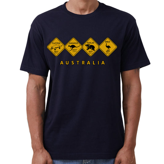 Adult Unisex 100% Cotton T Shirt Australia Wildlife Road Sign Souvenir Tee Tops, Navy, 2XL
