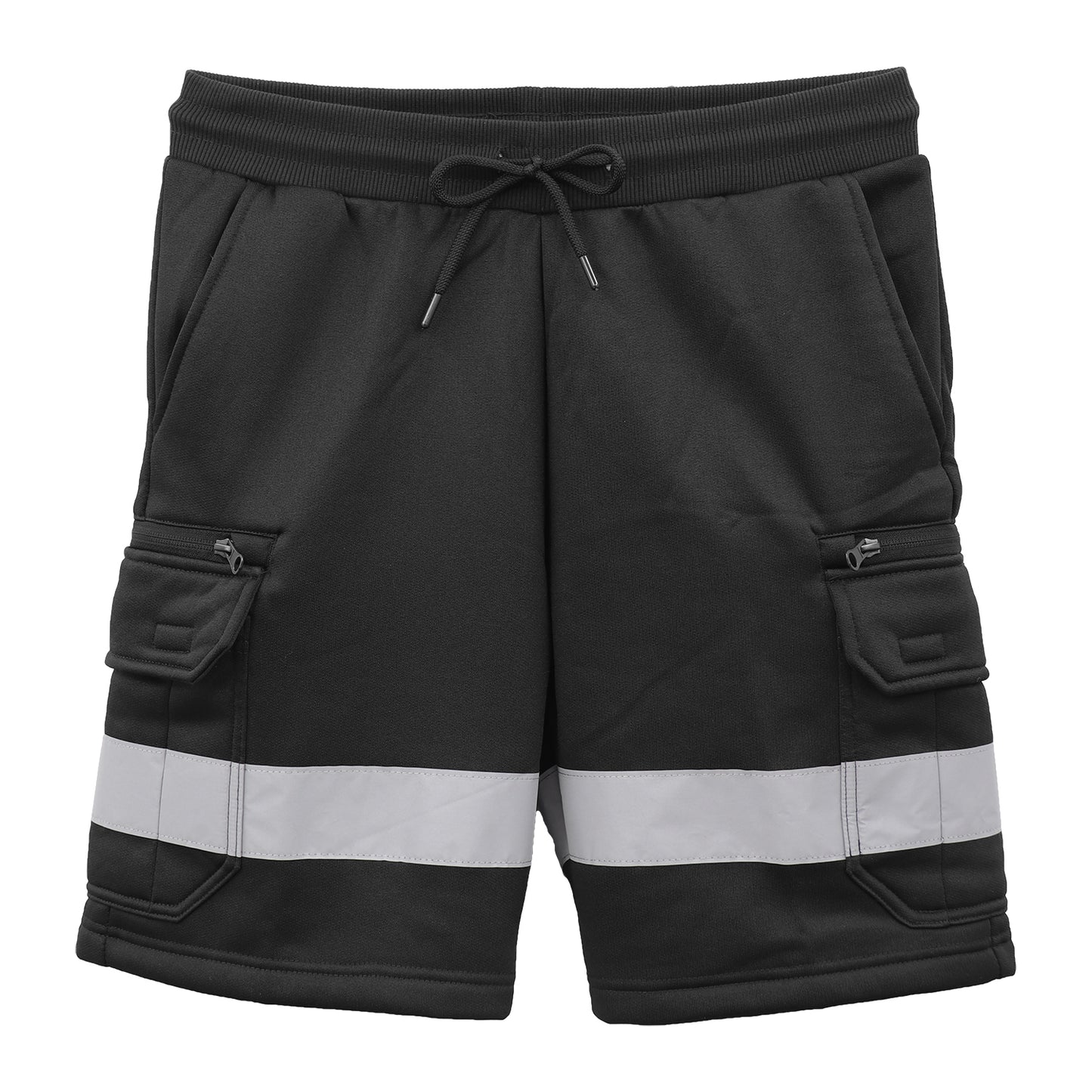 Hi Vis Fleece Work Cargo Shorts w Reflective Tape Workwear Tradie Utility Pants, Black, S