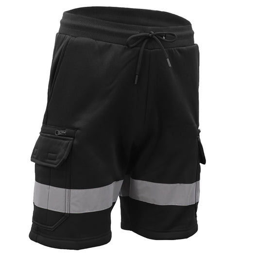 Hi Vis Fleece Work Cargo Shorts w Reflective Tape Workwear Tradie Utility Pants, Black, L