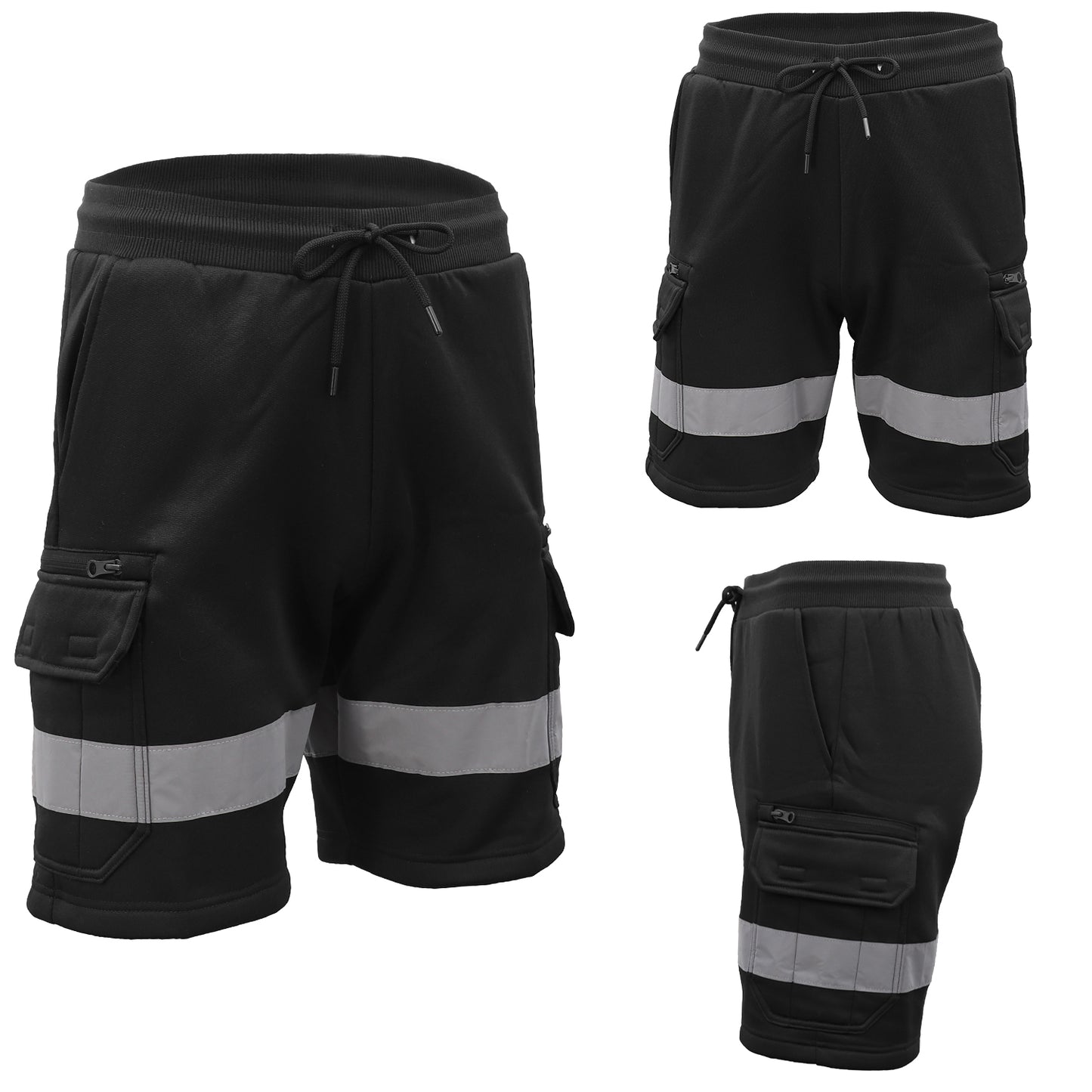 Hi Vis Fleece Work Cargo Shorts w Reflective Tape Workwear Tradie Utility Pants, Black, 2XL