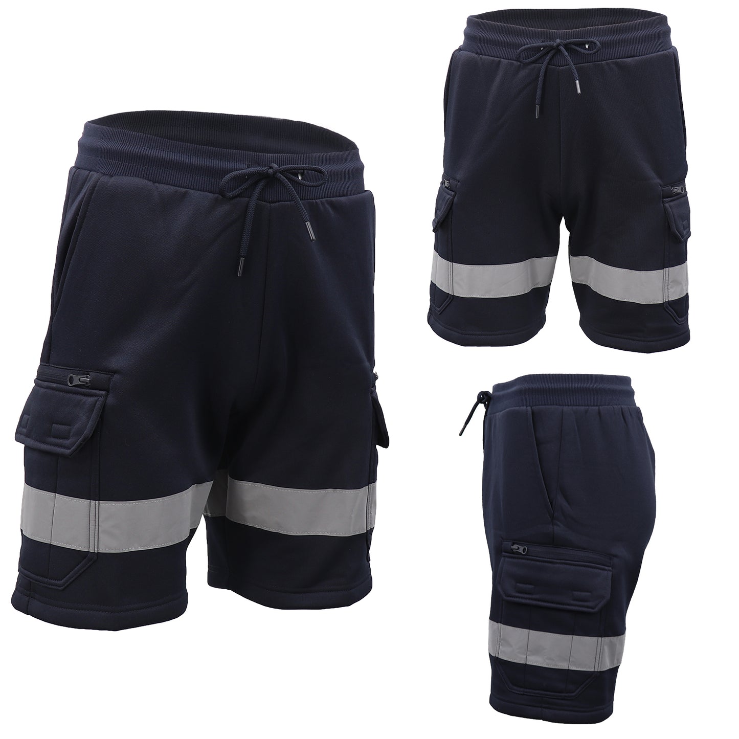 Hi Vis Fleece Work Cargo Shorts w Reflective Tape Workwear Tradie Utility Pants, Navy, L