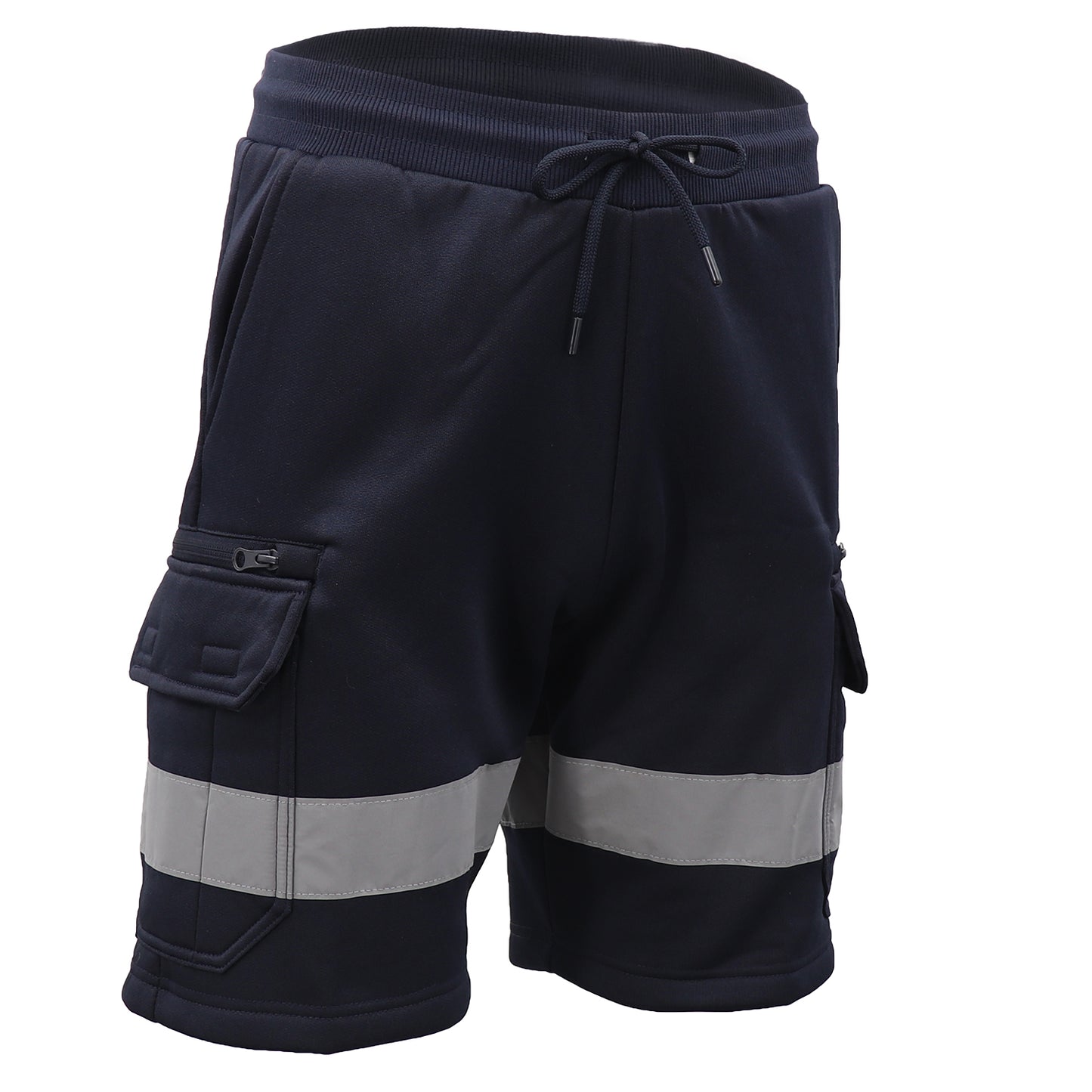 Hi Vis Fleece Work Cargo Shorts w Reflective Tape Workwear Tradie Utility Pants, Navy, XL