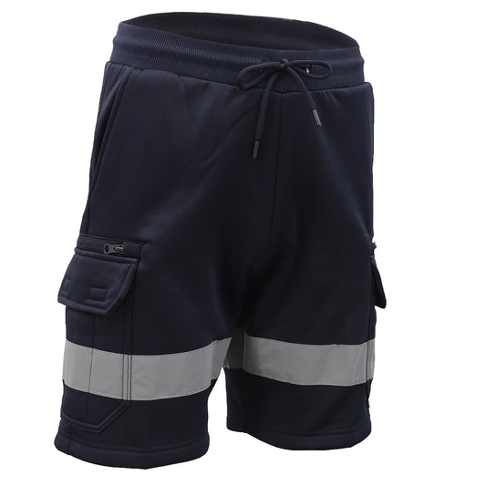 Hi Vis Fleece Work Cargo Shorts w Reflective Tape Workwear Tradie Utility Pants, Navy, 2XL