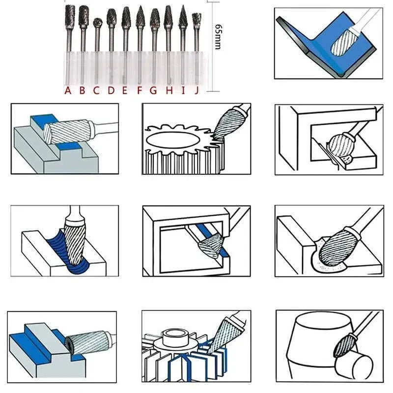 10PCS Tungsten Carbide Rotary Burr Set for Rotary Tools and Dremel - Blue Box