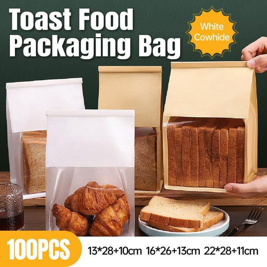 100x Kraft Paper Flat Bottom Cake Packaging Toast Bread Bags With Window Cowhide - 13X28+10CM