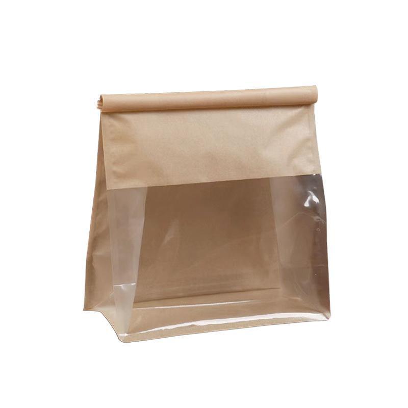 100x Kraft Paper Flat Bottom Cake Packaging Toast Bread Bags With Window Cowhide - 13X28+10CM