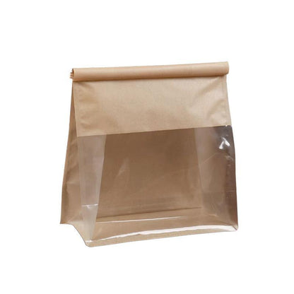 100x Kraft Paper Flat Bottom Cake Packaging Toast Bread Bags With Window Cowhide - 13X28+10CM