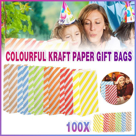 100X Colourful Plaid Kraft Paper Bag Candy Cookie Snack Cake Gift Bags 9X6X18cm - Orange