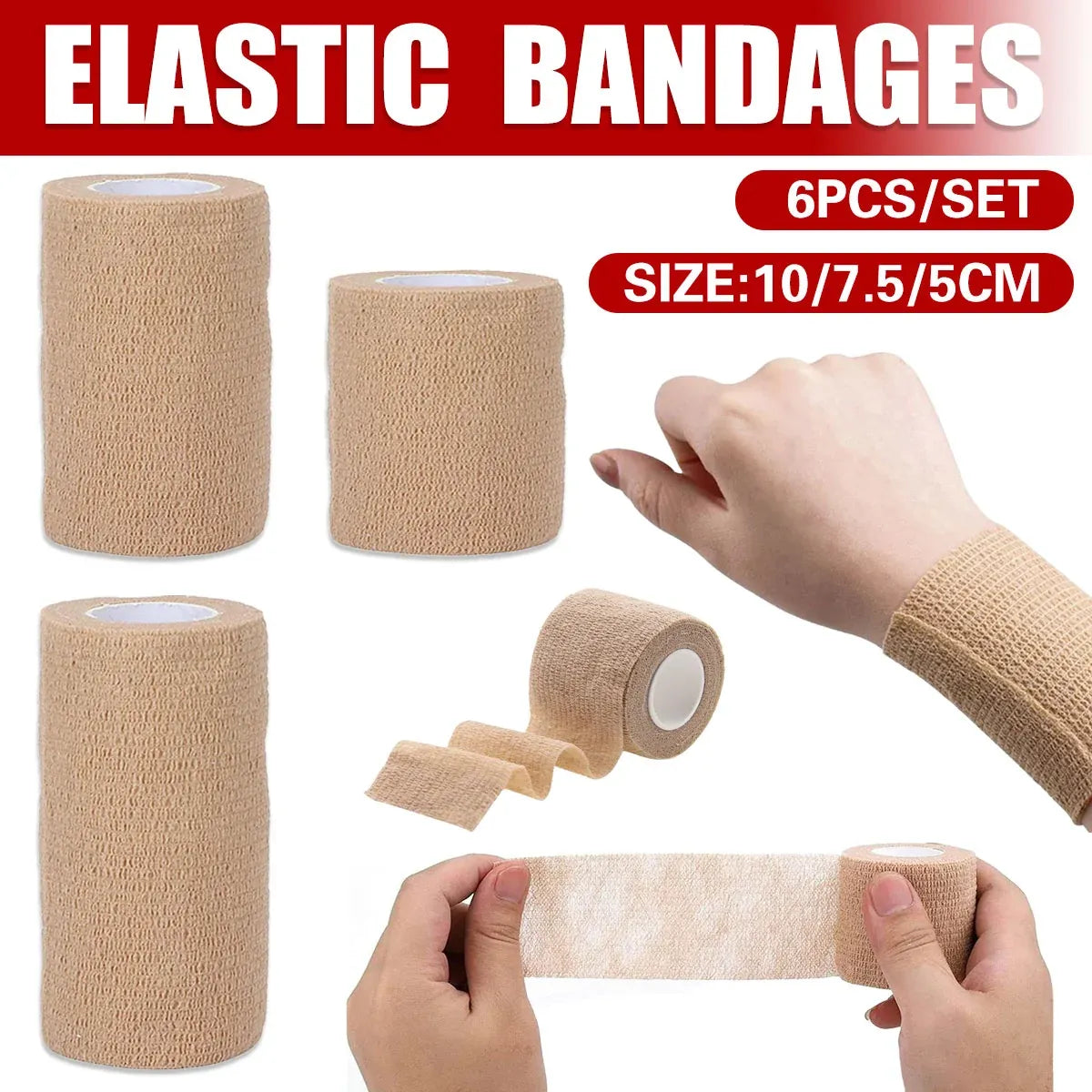6PCS Self Adhesive Elastic Wrap Non Woven Cohesive Tape for Sports and Daily Use - 5cm