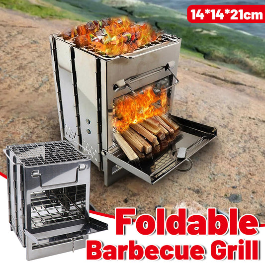 Outdoor Camping Mini Folding Wood Burning Stove Picnic Stainless Steel BBQ Grill