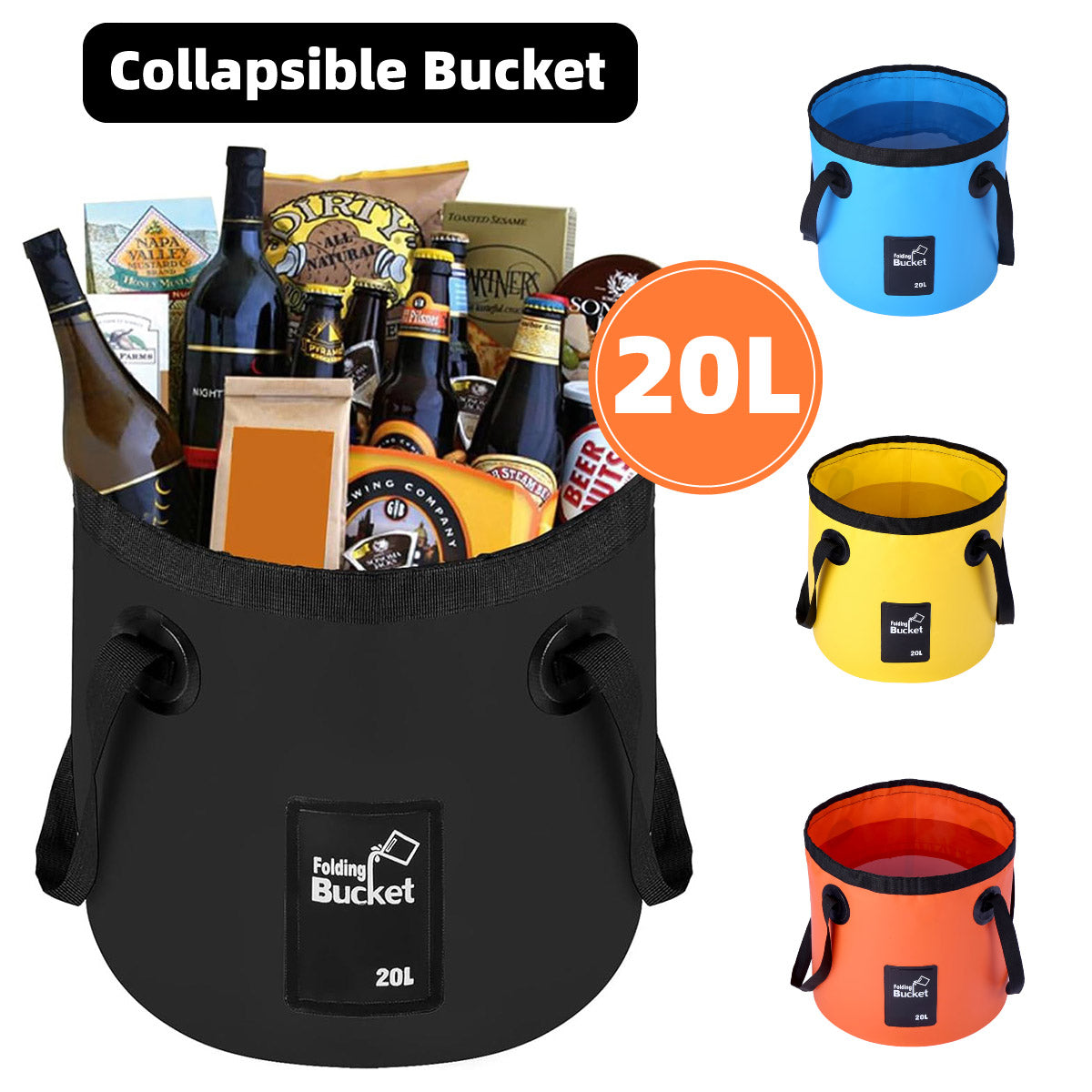 20L Portable Folding Bucket Water Container Camping Hiking Fishing Water Storage - Black