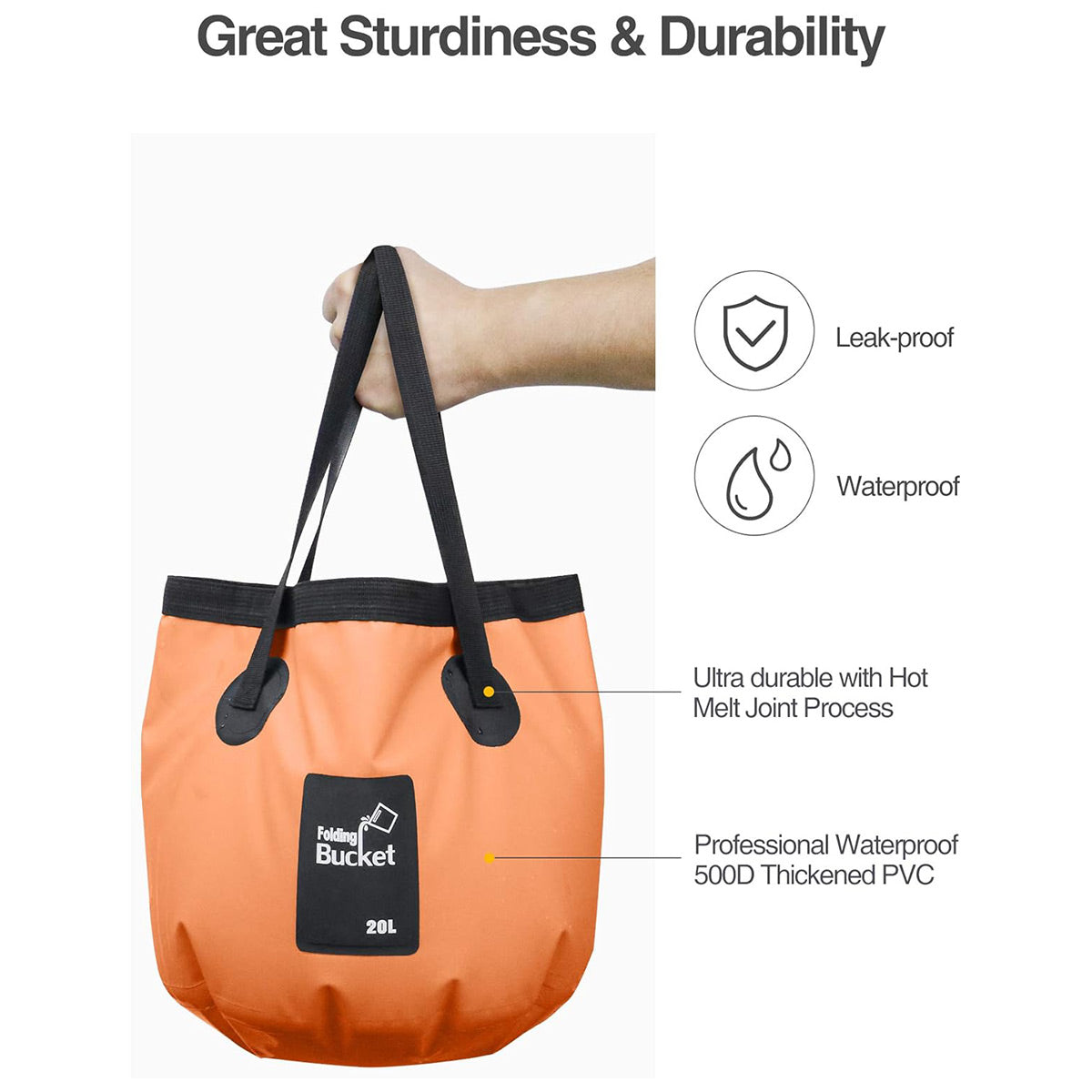 20L Portable Folding Bucket Water Container Camping Hiking Fishing Water Storage - Black