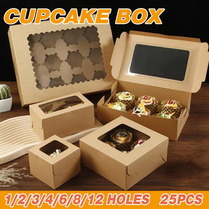 25Pcs Paper Cupcake Box with Window for Party Wedding Bakery Gift Packaging - 1 Hole
