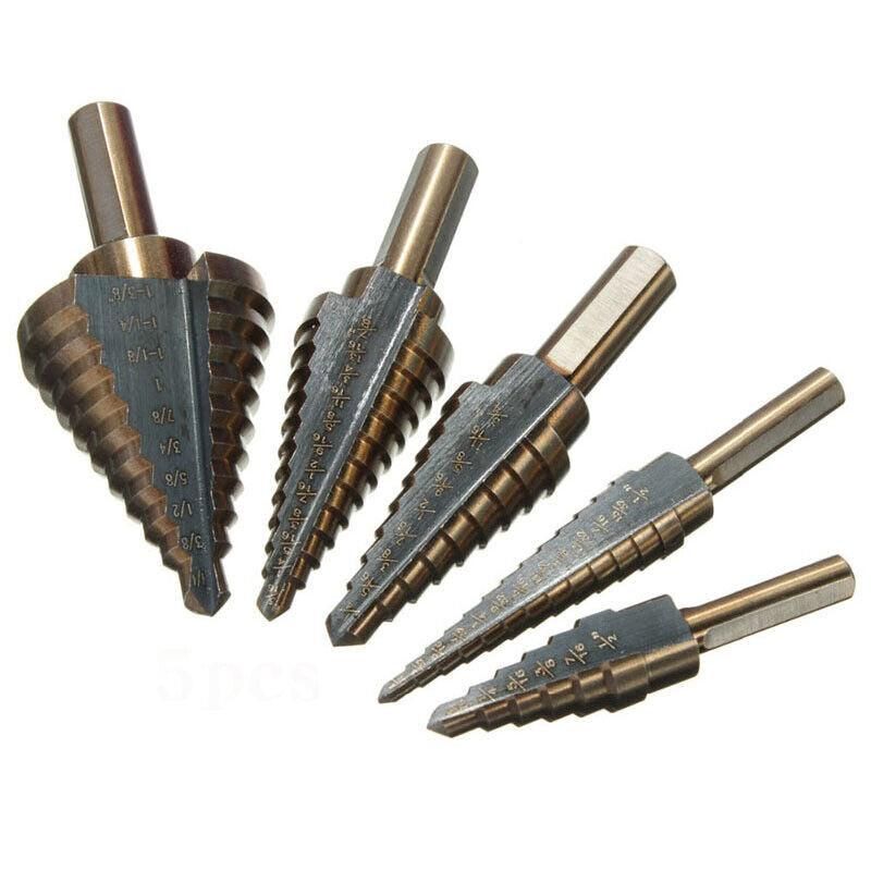 5PCS Titanium HSS Step Drill Bit Set High Speed Steel Cone Hole Cutter Kit Case