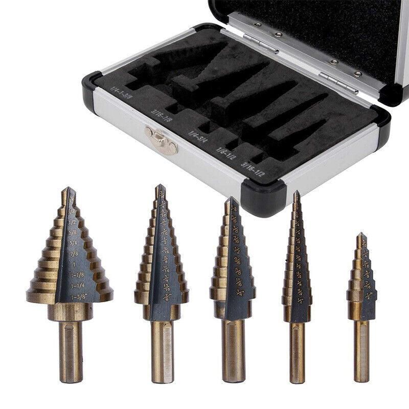 5PCS Titanium HSS Step Drill Bit Set High Speed Steel Cone Hole Cutter Kit Case