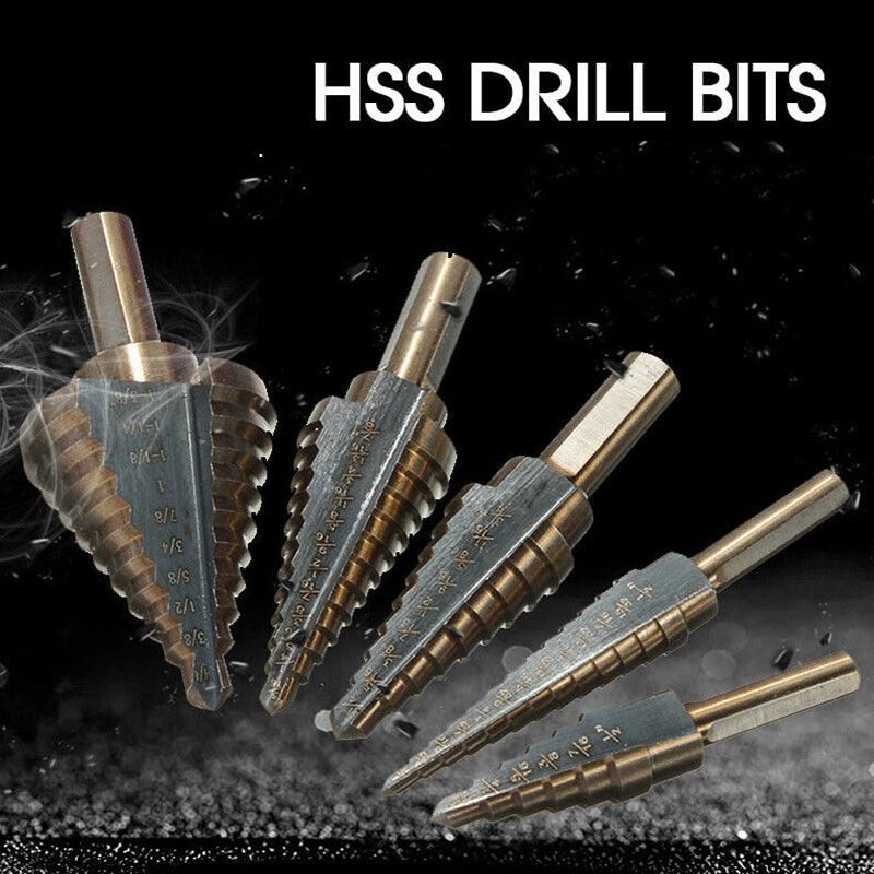 5PCS Titanium HSS Step Drill Bit Set High Speed Steel Cone Hole Cutter Kit Case