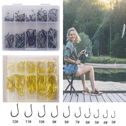 Fishing Hooks Octopus Style 100pcs Chemically Sharpened Assorted Sizes 3-12 - Black
