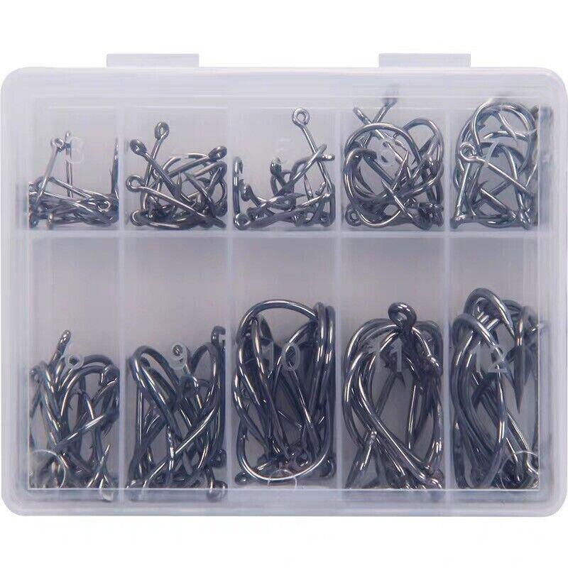 Fishing Hooks Octopus Style 100pcs Chemically Sharpened Assorted Sizes 3-12 - Black