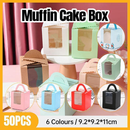 50 Pack Premium Cupcake Boxes with Window Thickened Cardboard Muffin Holders - Red