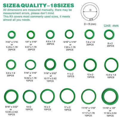 270pcs Automotive Air Conditioning Green Rubber Ring Seal Repair Box Set Seals