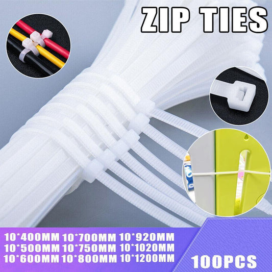 100X Cable Ties Zip Ties Nylon UV Stabilised Bulk White Cable Ties - 10*700mm White