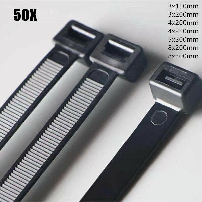 50X Cable Ties Zip Ties Nylon Uv Stabilised Black Cable Tie - 7.2*400mm