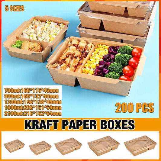 200 x Brown Bento Salad Pasta Rice Kraft Paper Lunch Box Takeaway Food Container - 1200ml+PET lid