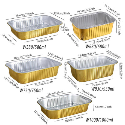 50 PCS Thickened Foil Box with Plastic Lid Rectangular Aluminum Foil - 1000ml