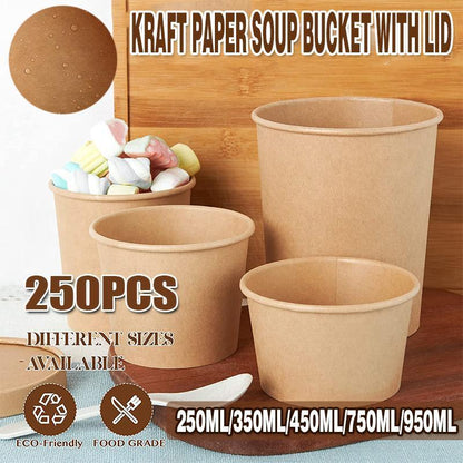 250x Biodegradable Kraft Paper Soup Bucket with Lid Takeaway Tubs Cups - 450ML (16OZ)