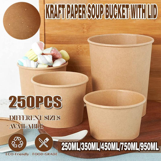 250x Biodegradable Kraft Paper Soup Bucket with Lid Takeaway Tubs Cups - 450ML (16OZ)