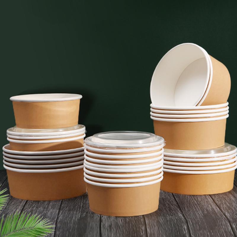 Take-Away Kraft Paper Salad Bowl Food Grade Takeout Tableware Food Bowl With Lid - 750ML
