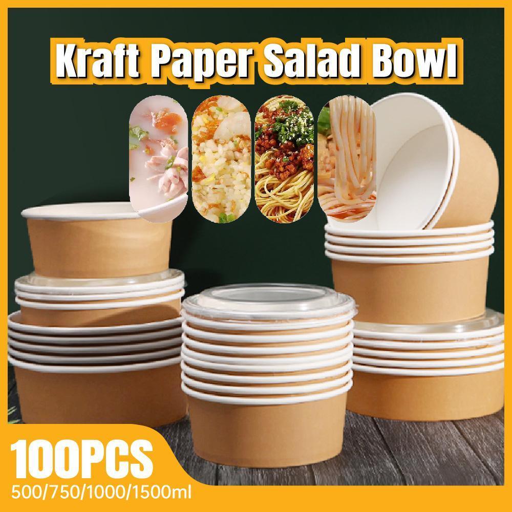 Take-Away Kraft Paper Salad Bowl Food Grade Takeout Tableware Food Bowl With Lid - 1500ML