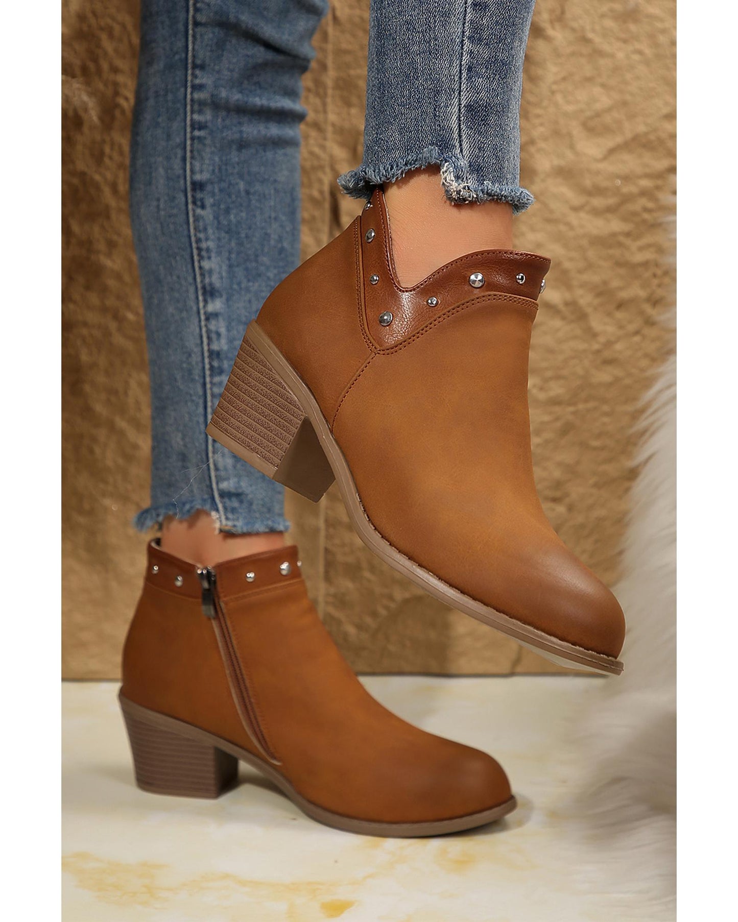Chestnut Studded Faux Leather Chunky Heel Ankle Boots - 38 EU