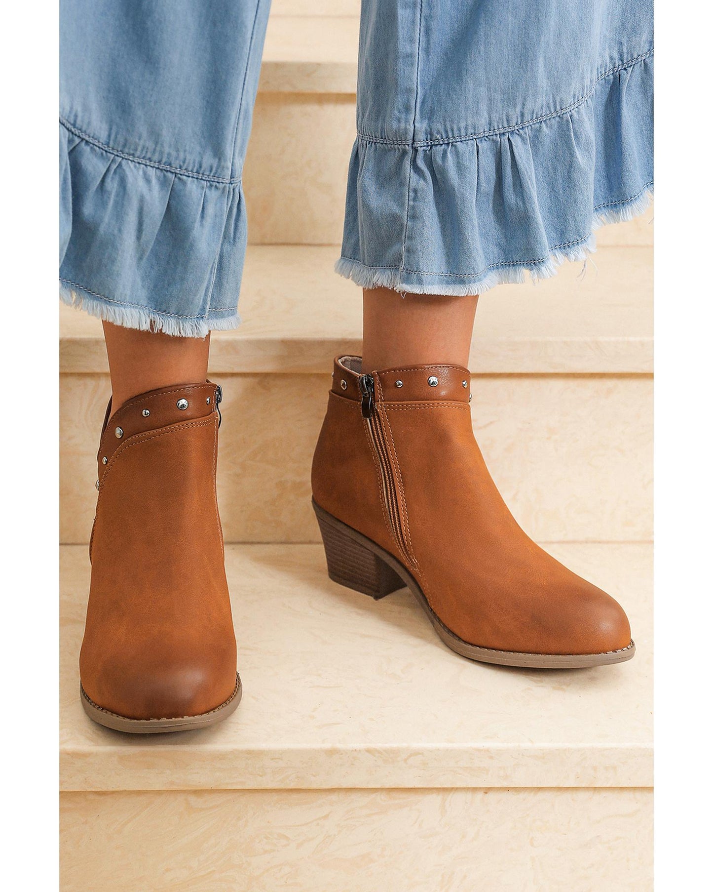 Chestnut Studded Faux Leather Chunky Heel Ankle Boots - 38 EU