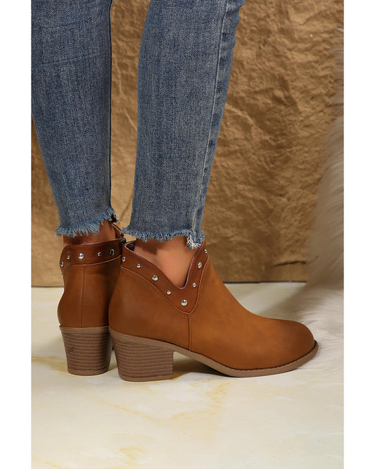 Chestnut Studded Faux Leather Chunky Heel Ankle Boots - 39 EU
