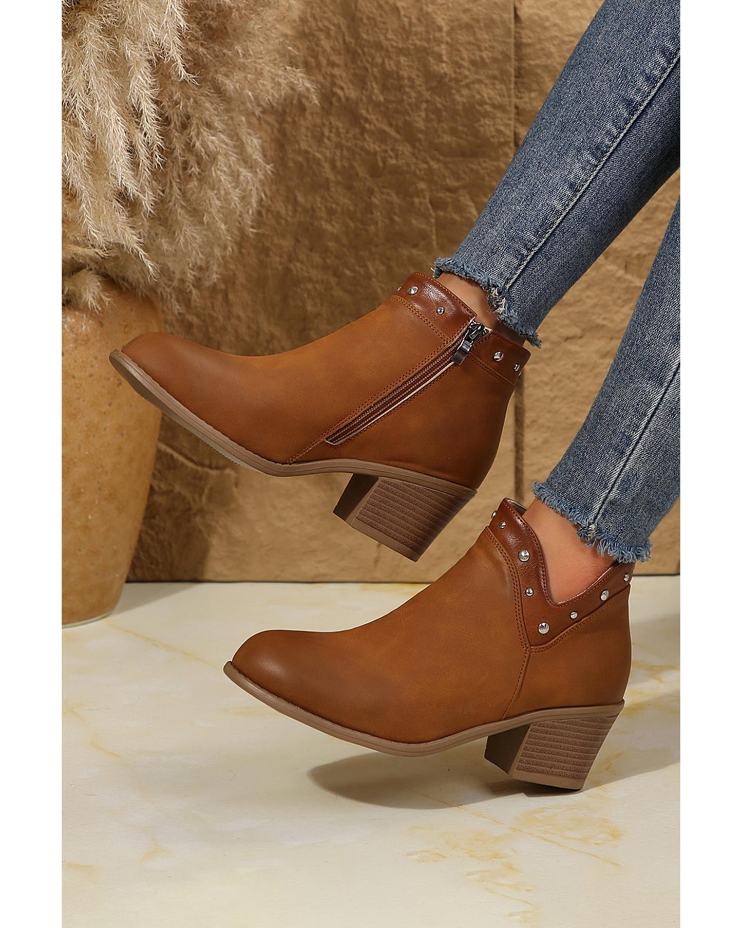 Chestnut Studded Faux Leather Chunky Heel Ankle Boots - 40 EU