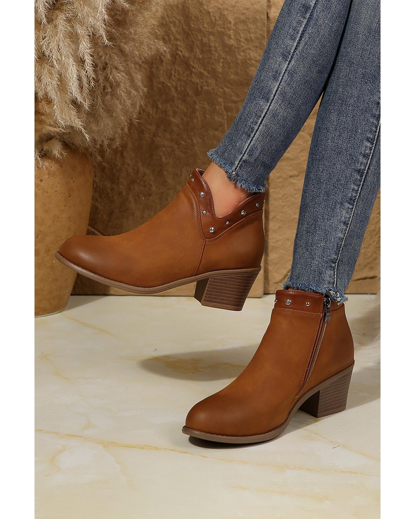 Chestnut Studded Faux Leather Chunky Heel Ankle Boots - 40 EU