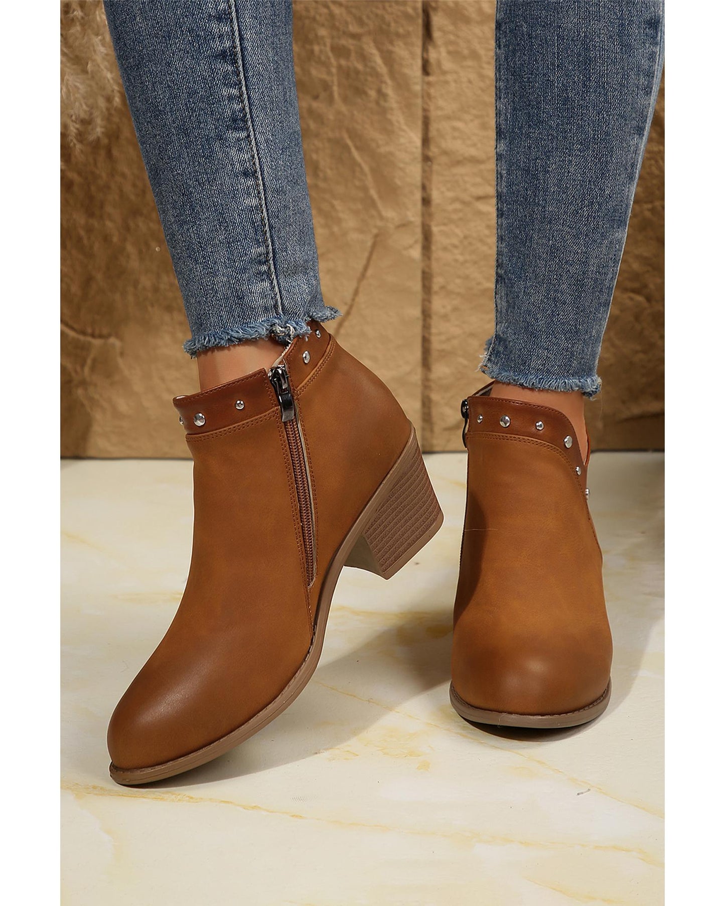 Chestnut Studded Faux Leather Chunky Heel Ankle Boots - 40 EU