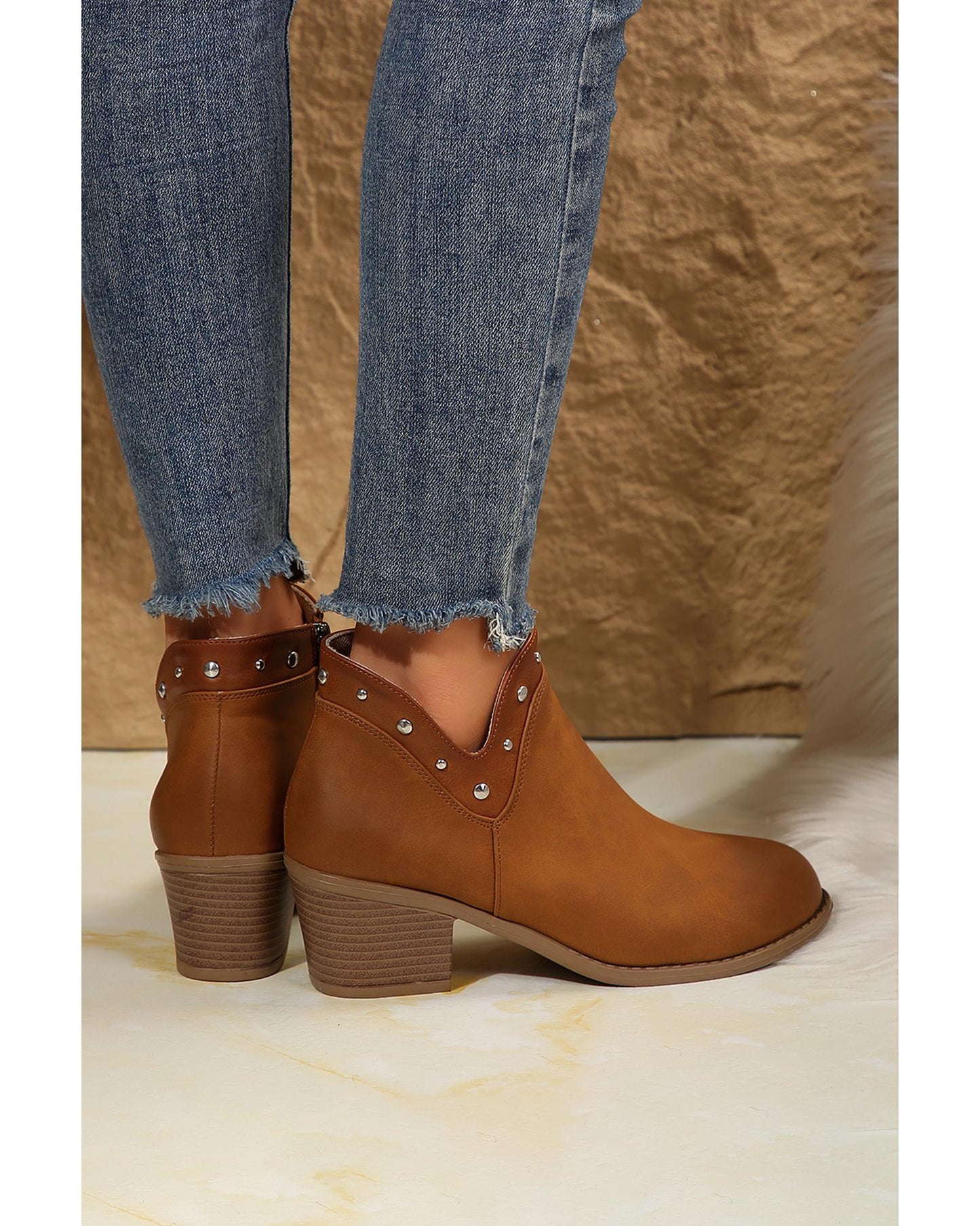 Chestnut Studded Faux Leather Chunky Heel Ankle Boots - 41 EU