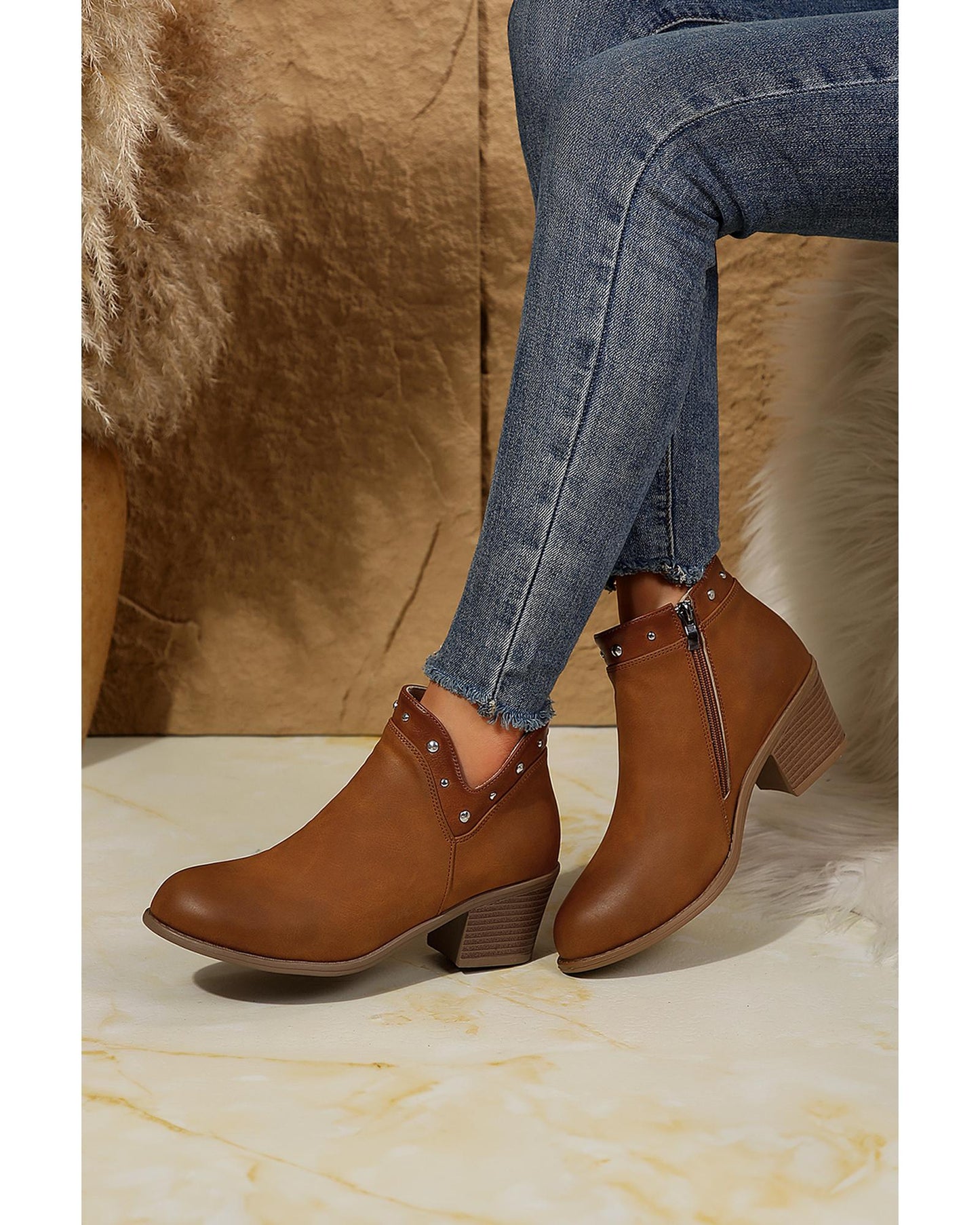 Chestnut Studded Faux Leather Chunky Heel Ankle Boots - 42 EU