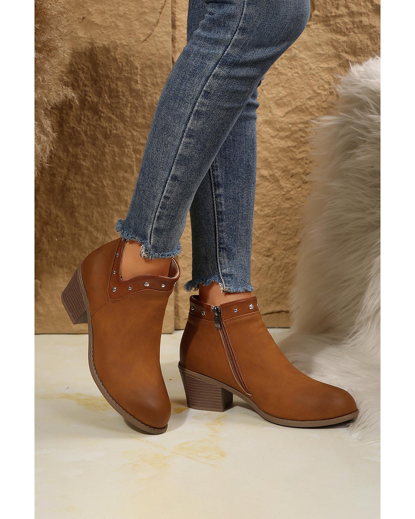 Chestnut Studded Faux Leather Chunky Heel Ankle Boots - 42 EU