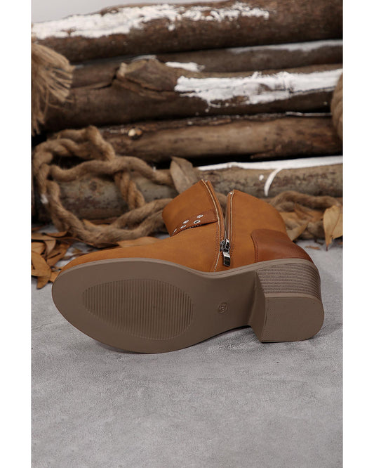 Chestnut Eyelet Buckled Chunky Heel Faux Leather Ankle Boots - 38 EU