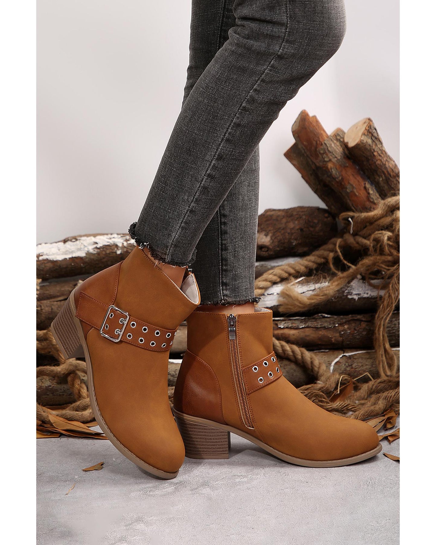 Chestnut Eyelet Buckled Chunky Heel Faux Leather Ankle Boots - 38 EU