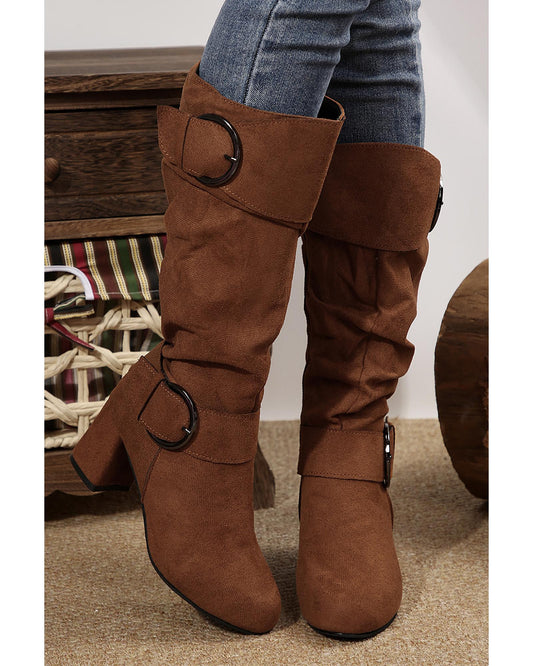Coffee Suede Double Buckled Side Zipped Mid-calf Boots - 38 EU