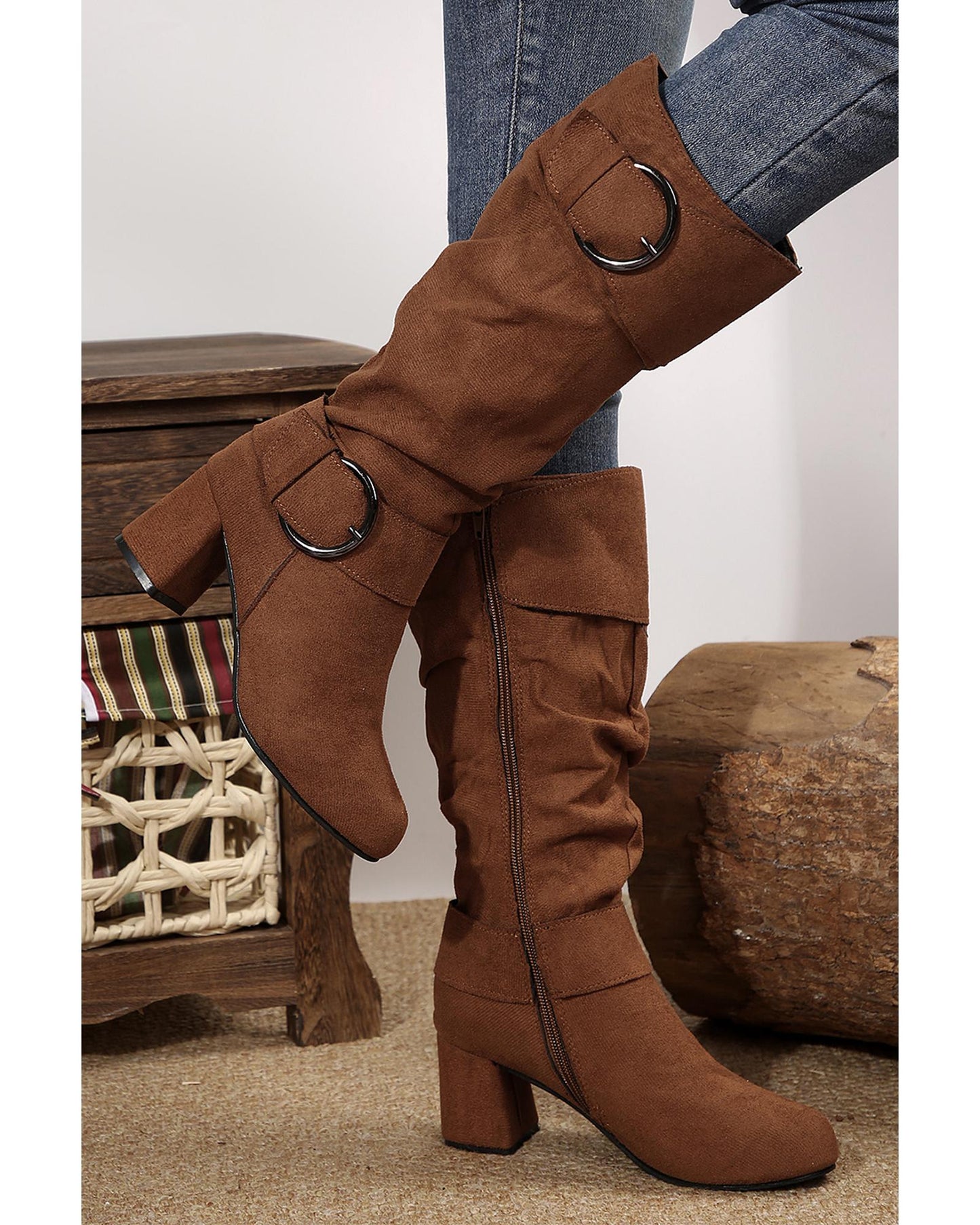 Coffee Suede Double Buckled Side Zipped Mid-calf Boots - 38 EU