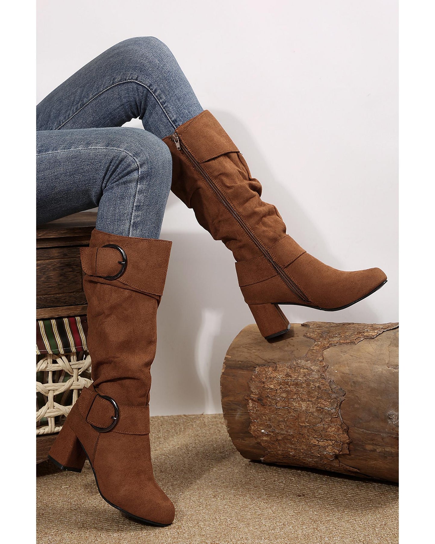Coffee Suede Double Buckled Side Zipped Mid-calf Boots - 40 EU