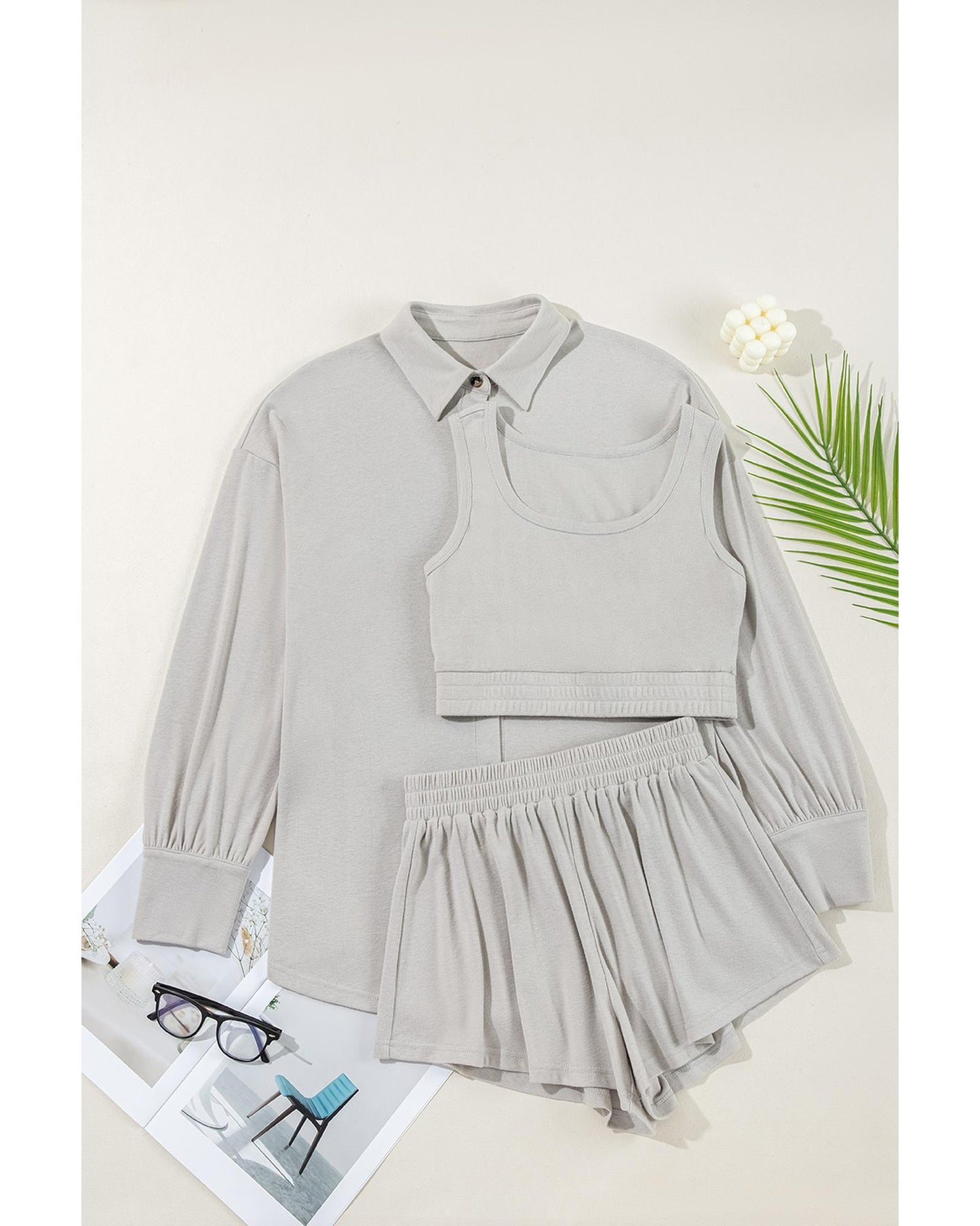 Gray 3 Pcs Crop Tank Top Shorts with Cardigan Lounge Set - L