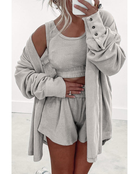 Gray 3 Pcs Crop Tank Top Shorts with Cardigan Lounge Set - M
