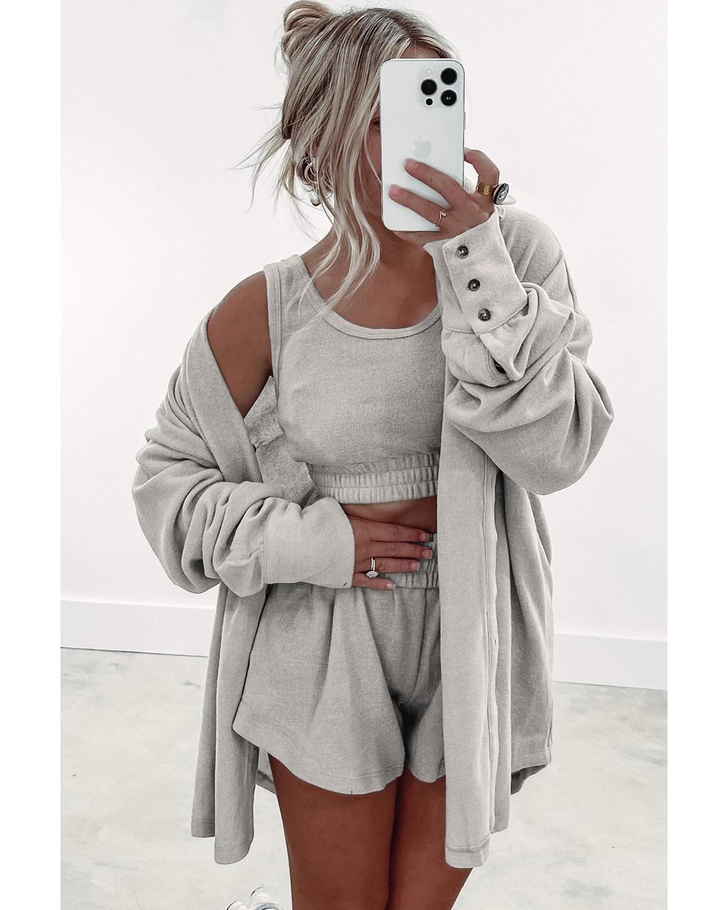 Gray 3 Pcs Crop Tank Top Shorts with Cardigan Lounge Set - M